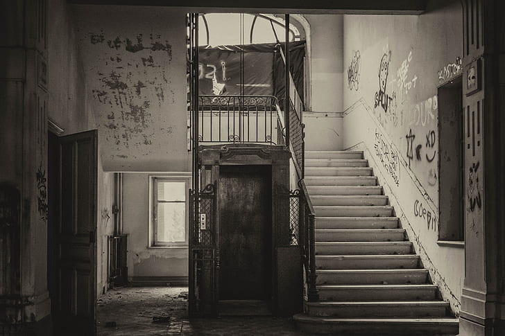 grayscale photography of stairway