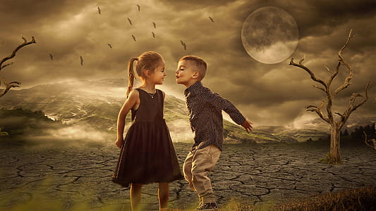 girl and boy about to kiss on dry land with flying birds, moon, and bare trees