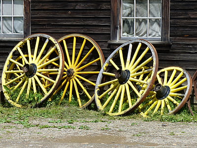 four yellow-and-brown carousel wheels