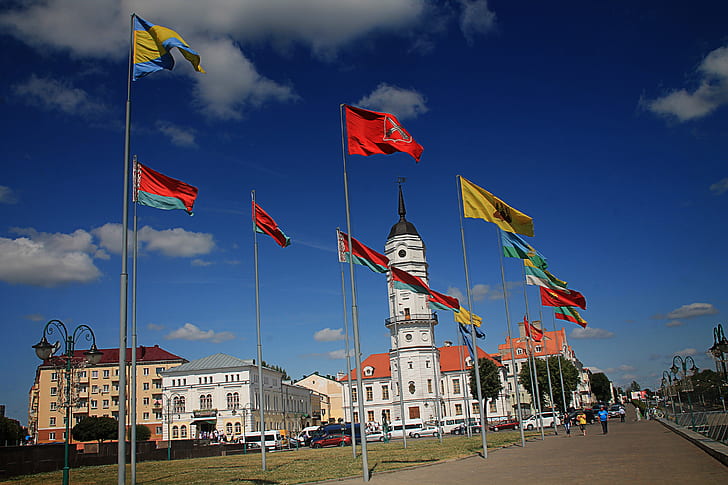 Different Flags Waving on Poles at Daytime