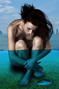 photo of naked woman in water with fish