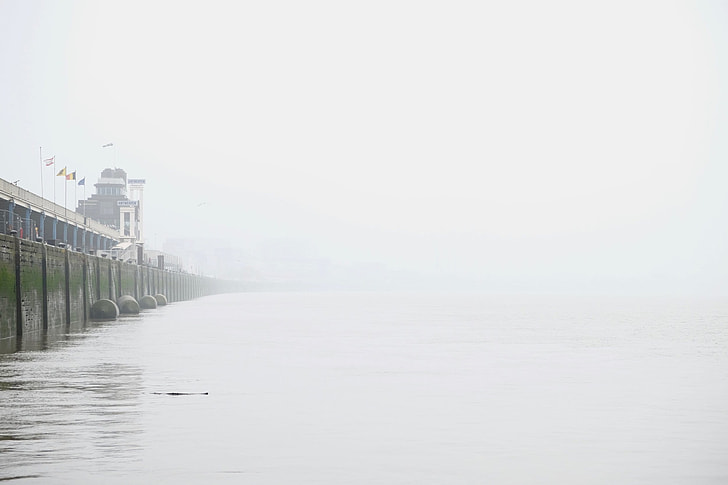 Misty, City, Antwerp, water, wall, dock