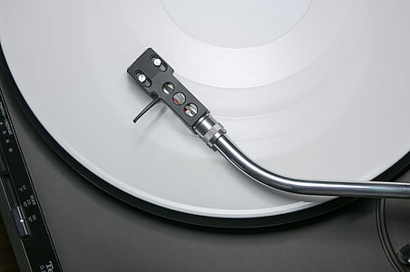 high angle view of white and gray turntable
