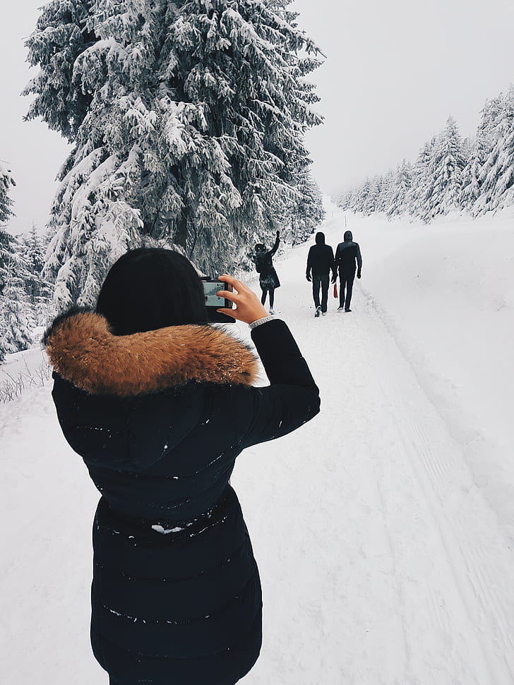Woman in Black Coat Taking a Picture of Three Person in Front of Her While Walking Through Snow Field