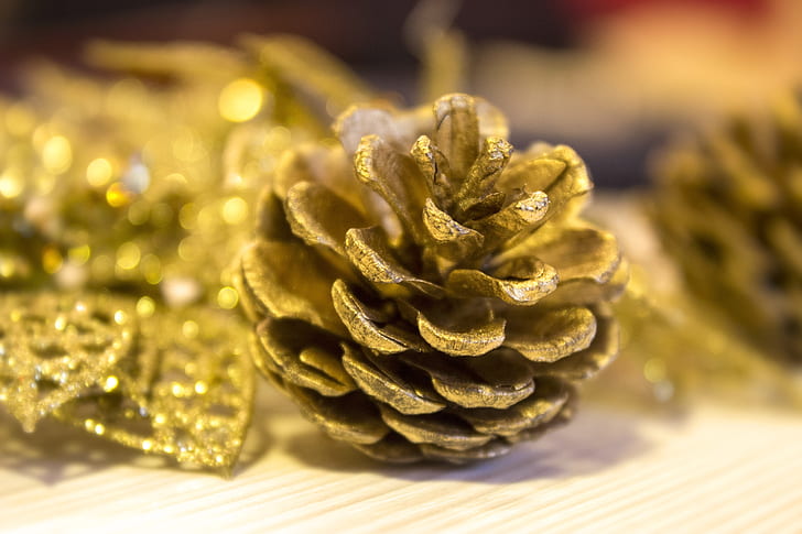 pine cones covered in gold glitter take on lighted room