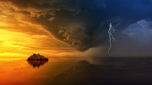 timelampse photo of storm with lightnings about to land on water near island during golden hour