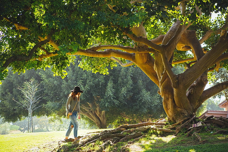 woman walking toward brown tree