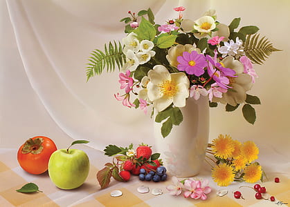 flowers in white vase and fruits still life painting