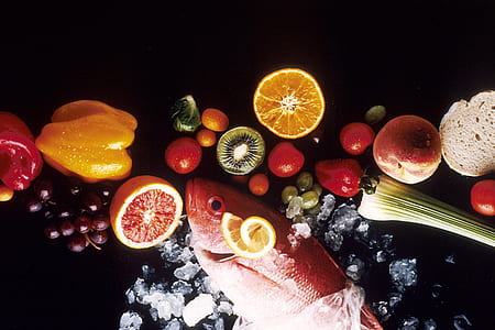 flat lay photography of frozen fish and fruist