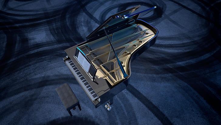 mini gray upright piano on blue textile