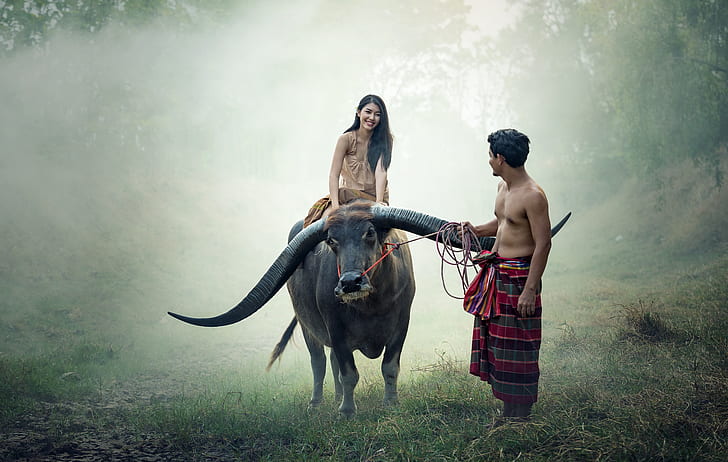 woman riding water buffalo with man standing near