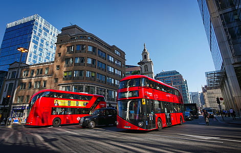 two red double-deck buses near building