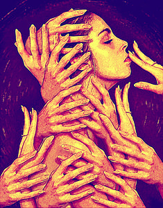 woman surrounded with hands painting