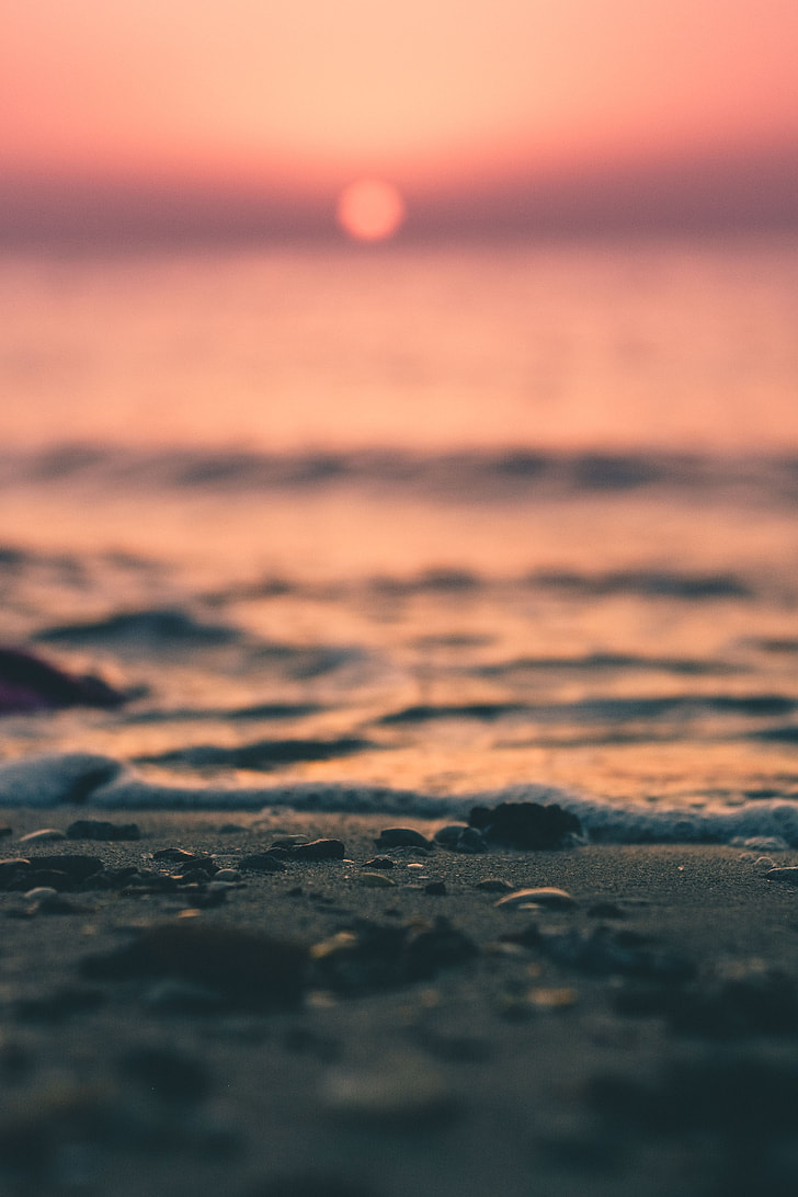 water, foam, sand, sunset