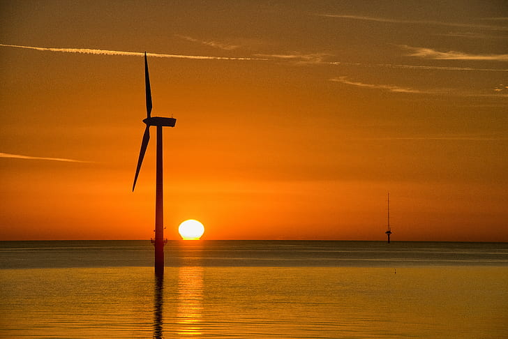 sunset, orange, wind turbine, sea, ocean