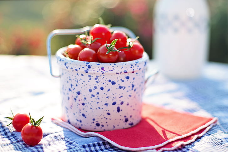 cherry tomatoes on white and blue ceramic container