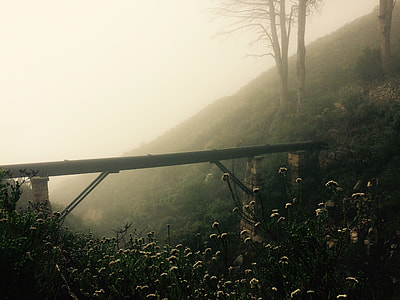 photo of foggy mountain with bridge