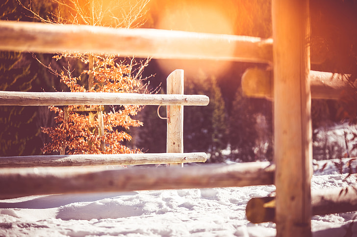 Wooden Fence on Mountain Path in Winter