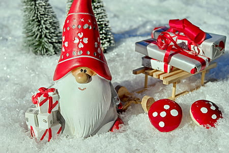 closeup photo of gnome with presents and pine tree