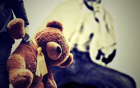 person holding brown bear plush toy