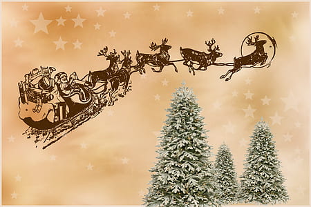 Santa riding sleigh flying over trees illustration