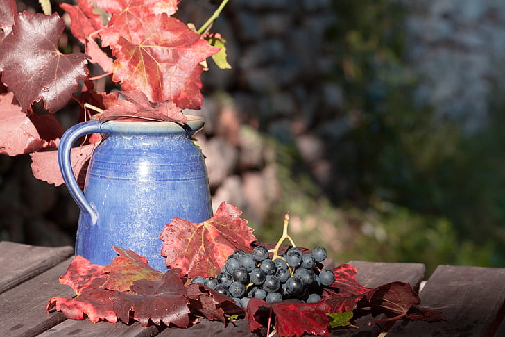 bokeh shot of blue ceramic pitcher and grapes