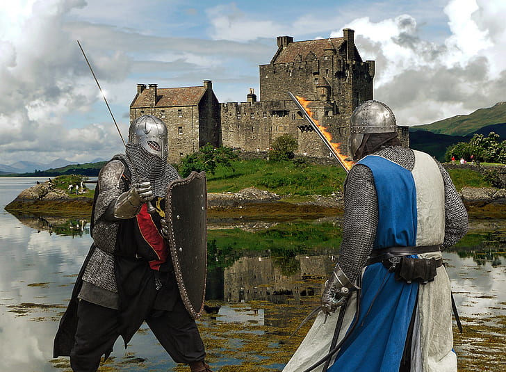 two men wearing armor with castle background