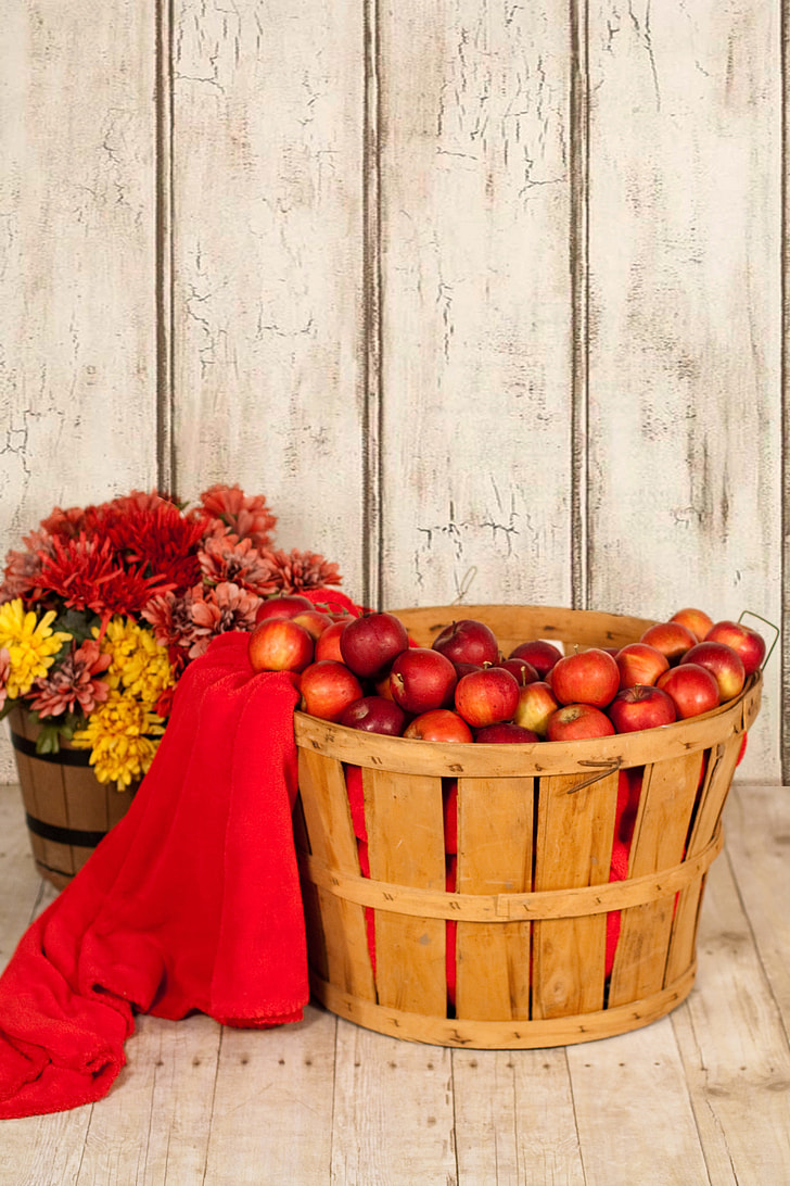 Red apple and green apple in basket with burlap background texture