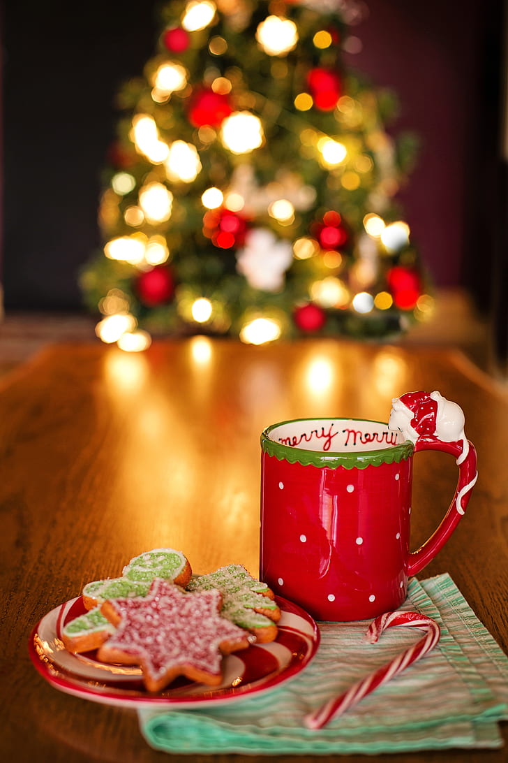 red ceramic mug beside cookies on saucer