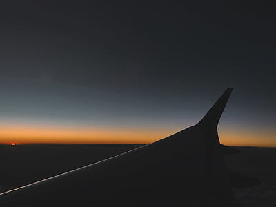 horizon, sunset, sunrise, plane, airplane, wing
