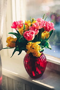 pink and yellow artificial flowers on red vase